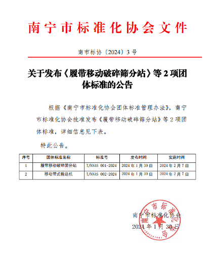南宁市标准化协会发布《履带移动破碎筛分站》等2项团标