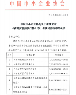 中国中小企业协会发布《高精度智能执行器》等十七项标准